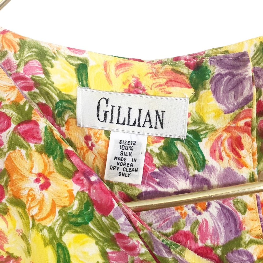 VINTAGE 80s 90s Bold Yellow Pink Floral Brushstroke Art Print Silk Pleated Mini - Picture 9 of 9